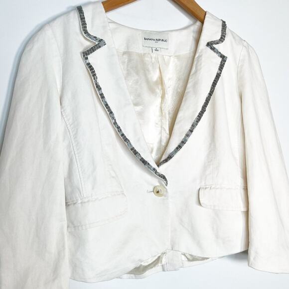 Banana Republic Off-white Linen Sequin Cropped Tuxedo Collar Jacket - Picture 3 of 10
